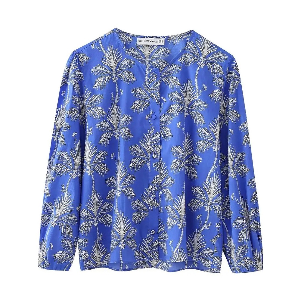 Zara Blue and White Palm Print Blouse Size M